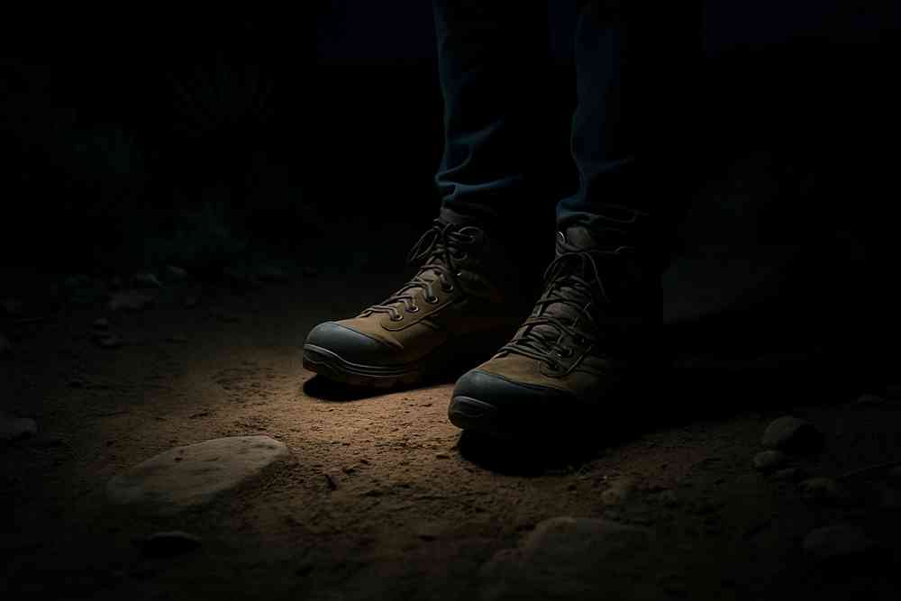 Night hike on Grand Canyon trail showing boots lit by headlamp on desert terrain