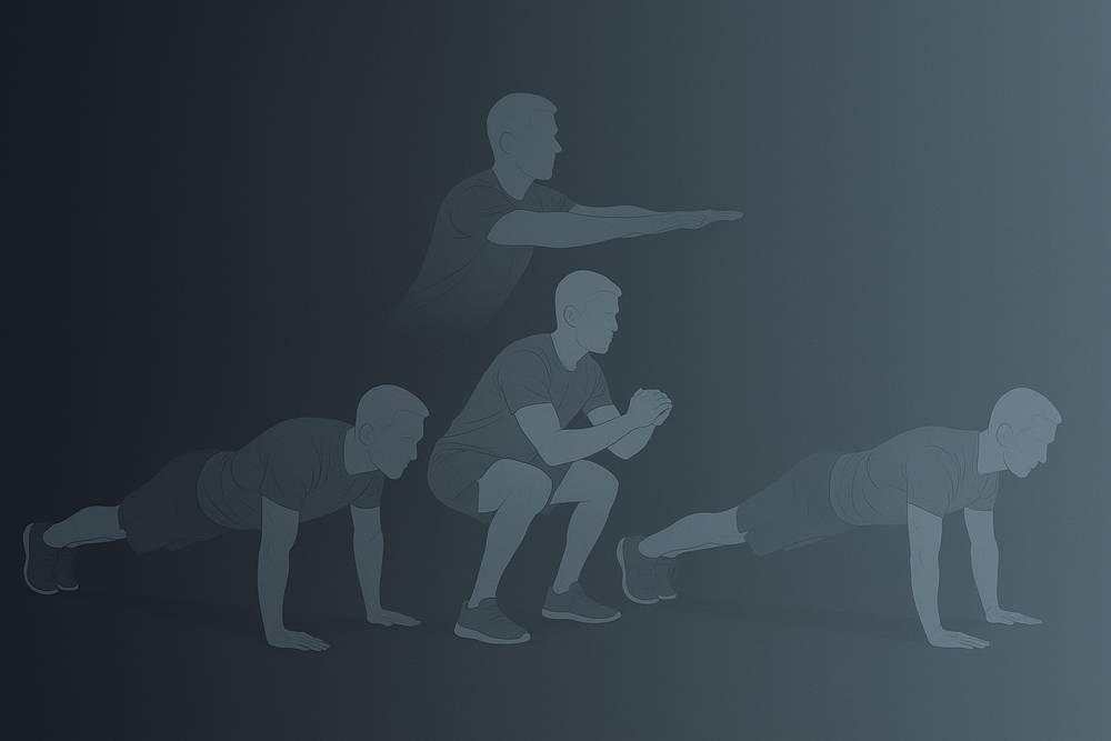 Graphic header with three semi-transparent silhouettes performing a push-up, squat, and plank over a dark gradient background