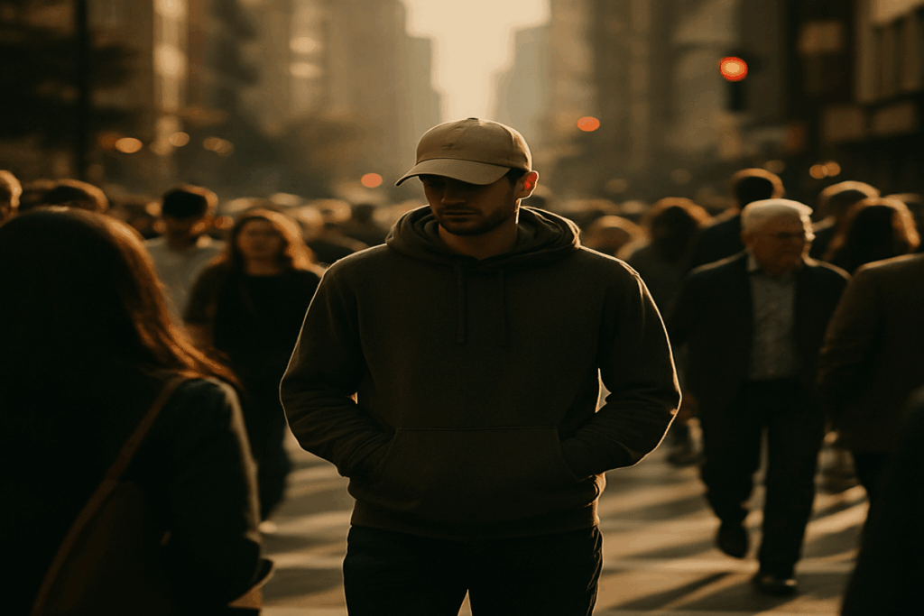 Man in hoodie blending into urban crowd at crosswalk, concept of gray man anonymity and situational awareness.