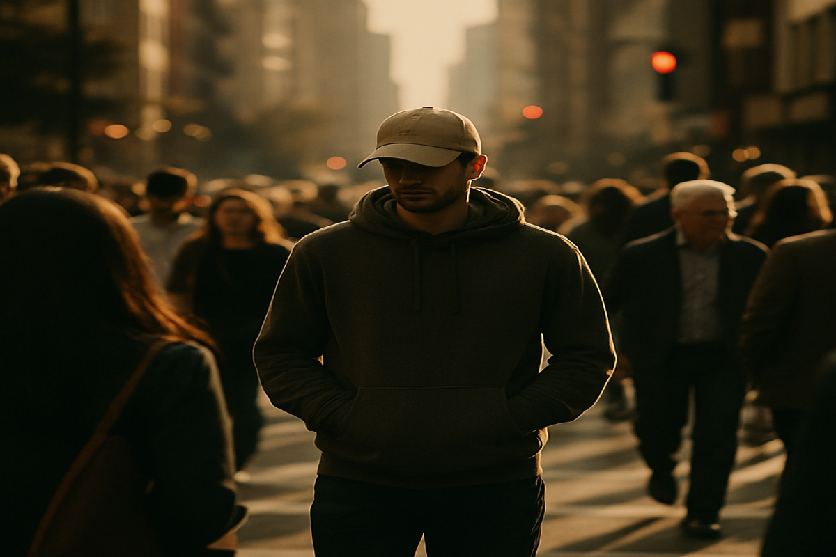 Man in hoodie blending into urban crowd at crosswalk, concept of gray man anonymity and situational awareness.