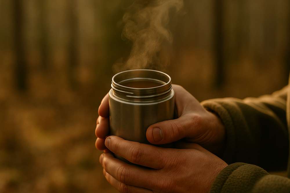 Warm hands grip a steaming thermos of broth in the cold morning light, a simple comfort during a long hunt.