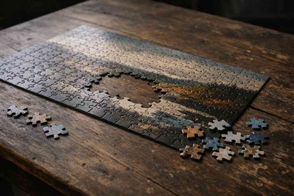 Nearly completed jigsaw puzzle with several pieces missing on a worn wooden table.